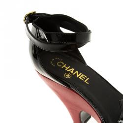 Chanel Black Patent Cross Strap Wedge Sandals Size 40.5