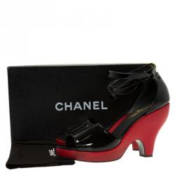 Chanel Black Patent Cross Strap Wedge Sandals Size 40.5