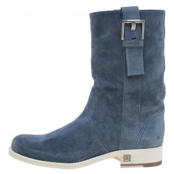 Chanel Blue Suede Buckle Detail Mid Calf Boots Size 34.5