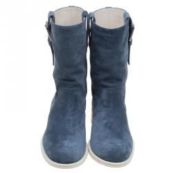 Chanel Blue Suede Buckle Detail Mid Calf Boots Size 34.5