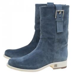 Chanel Blue Suede Buckle Detail Mid Calf Boots Size 34.5