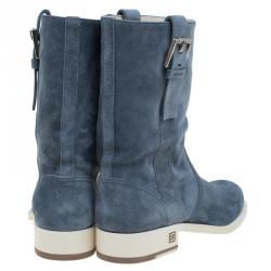 Chanel Blue Suede Buckle Detail Mid Calf Boots Size 34.5