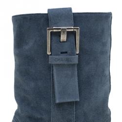 Chanel Blue Suede Buckle Detail Mid Calf Boots Size 34.5