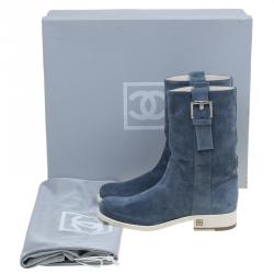 Chanel Blue Suede Buckle Detail Mid Calf Boots Size 34.5