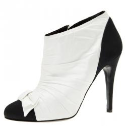 Chanel Monochrome Pleated Satin Bow Ankle Boots Size 39.5