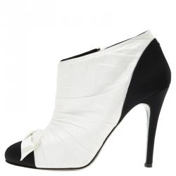 Chanel Monochrome Pleated Satin Bow Ankle Boots Size 39.5