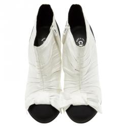 Chanel Monochrome Pleated Satin Bow Ankle Boots Size 39.5