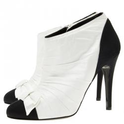 Chanel Monochrome Pleated Satin Bow Ankle Boots Size 39.5
