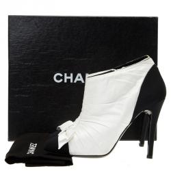 Chanel Monochrome Pleated Satin Bow Ankle Boots Size 39.5