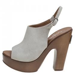 Chanel Grey Suede Wooden Platform Slingback Sandals Size 38