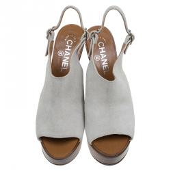 Chanel Grey Suede Wooden Platform Slingback Sandals Size 38
