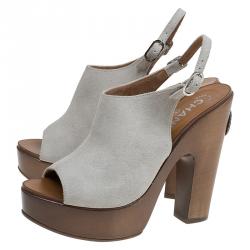 Chanel Grey Suede Wooden Platform Slingback Sandals Size 38