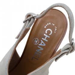 Chanel Grey Suede Wooden Platform Slingback Sandals Size 38