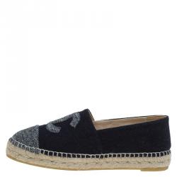 Pre Owned Chanel Black Felt and Grey Tweed CC Espadrilles Size 37