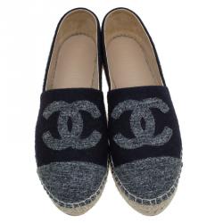 Pre Owned Chanel Black Felt and Grey Tweed CC Espadrilles Size 37