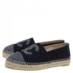 Pre Owned Chanel Black Felt and Grey Tweed CC Espadrilles Size 37