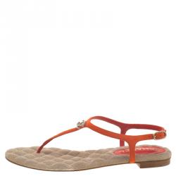 Pre Owned صندل أصبع شانيل سويدي برتقالي حزام حرف T مزين بشعار CC مقاس 39