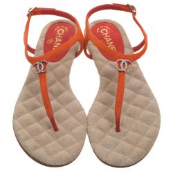 Pre Owned صندل أصبع شانيل سويدي برتقالي حزام حرف T مزين بشعار CC مقاس 39