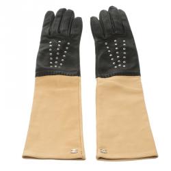 مملوكة مسبقًا Chanel Black/Tan Leather CC Long Gloves