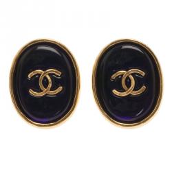 Pre Owned حلق شانيل فينتدج أزرق بكليب ذهبي اللون