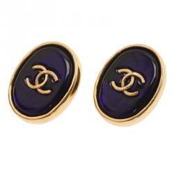 Pre Owned حلق شانيل فينتدج أزرق بكليب ذهبي اللون