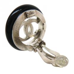 Pre Owned Chanel CC Round Black Resin Silver Tone Clip Earrings