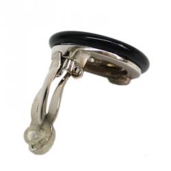 Pre Owned Chanel CC Round Black Resin Silver Tone Clip Earrings
