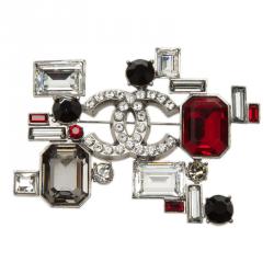 مملوكة مسبقًا Chanel CC Geometric Black And Red Crystal Silver Tone Brooch