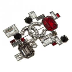 مملوكة مسبقًا Chanel CC Geometric Black And Red Crystal Silver Tone Brooch