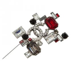 مملوكة مسبقًا Chanel CC Geometric Black And Red Crystal Silver Tone Brooch