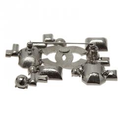 مملوكة مسبقًا Chanel CC Geometric Black And Red Crystal Silver Tone Brooch