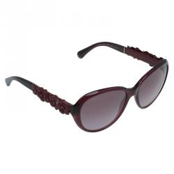 Pre Owned Chanel Red 5316 Leather Camellia Oval Sunglasses