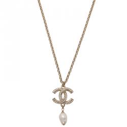 Chanel CC Crystal Faux Pearl Pendant Gold Tone Necklace Chanel