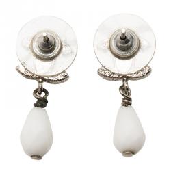 Chanel CC Laquered White Bead Silver Tone Earrings