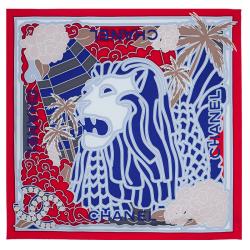 Pre Owned Chanel Red and Blue Silk Lion Printed Square Scarf