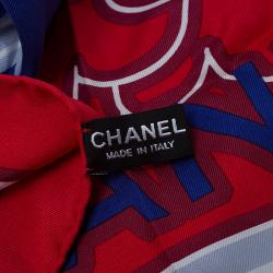 Pre Owned Chanel Red and Blue Silk Lion Printed Square Scarf