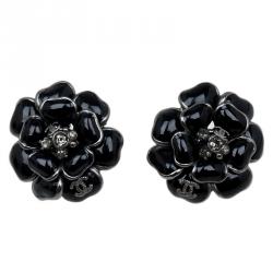 Pre Owned Chanel Black Camellia Stud Earrings