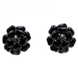 Pre Owned Chanel Black Camellia Stud Earrings