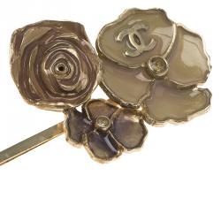 Pre Owned Chanel CC Camellia Enamel Gold Tone Hair Pin