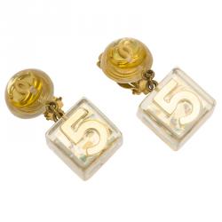مملوكة مسبقًا Chanel CC Vintage Holographic Cube No 5 Resin Gold Tone Metal Dangle Clip on Earrings