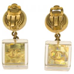 مملوكة مسبقًا Chanel CC Vintage Holographic Cube No 5 Resin Gold Tone Metal Dangle Clip on Earrings