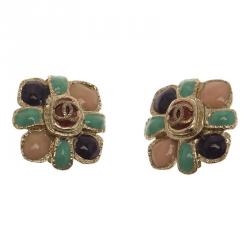 مملوكة مسبقًا أقراط شانيل CC وردة إيناميل متعددة الألوان ذهبية اللون بكلبس