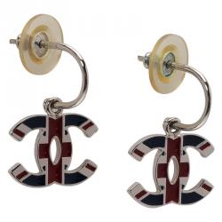 Pre Owned Chanel Interlocking CC English Flag Enamel Silver Tone Drop Earrings