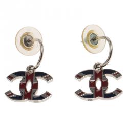 Pre Owned Chanel Interlocking CC English Flag Enamel Silver Tone Drop Earrings