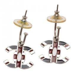 Pre Owned Chanel Interlocking CC English Flag Enamel Silver Tone Drop Earrings