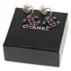Pre Owned Chanel Interlocking CC English Flag Enamel Silver Tone Drop Earrings