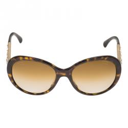 Pre Owned Chanel Tortoise Frame 5290 Embellished Oval Polarized Sunglasses