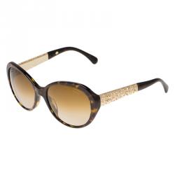 Pre Owned Chanel Tortoise Frame 5290 Embellished Oval Polarized Sunglasses
