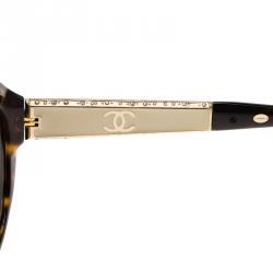 Pre Owned Chanel Tortoise Frame 5290 Embellished Oval Polarized Sunglasses