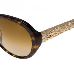 Pre Owned Chanel Tortoise Frame 5290 Embellished Oval Polarized Sunglasses